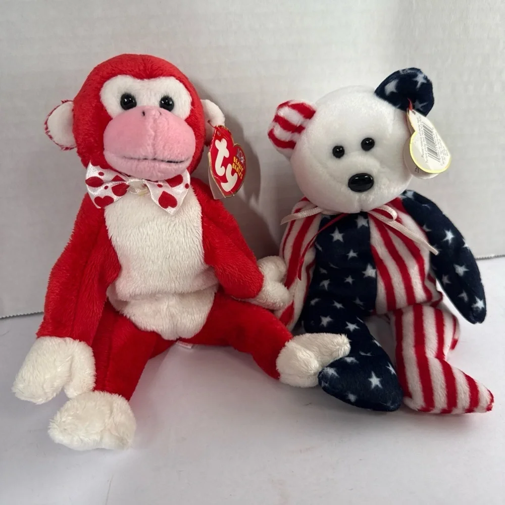 Ty Red and White Monkey & Stars and Stripes Bear
